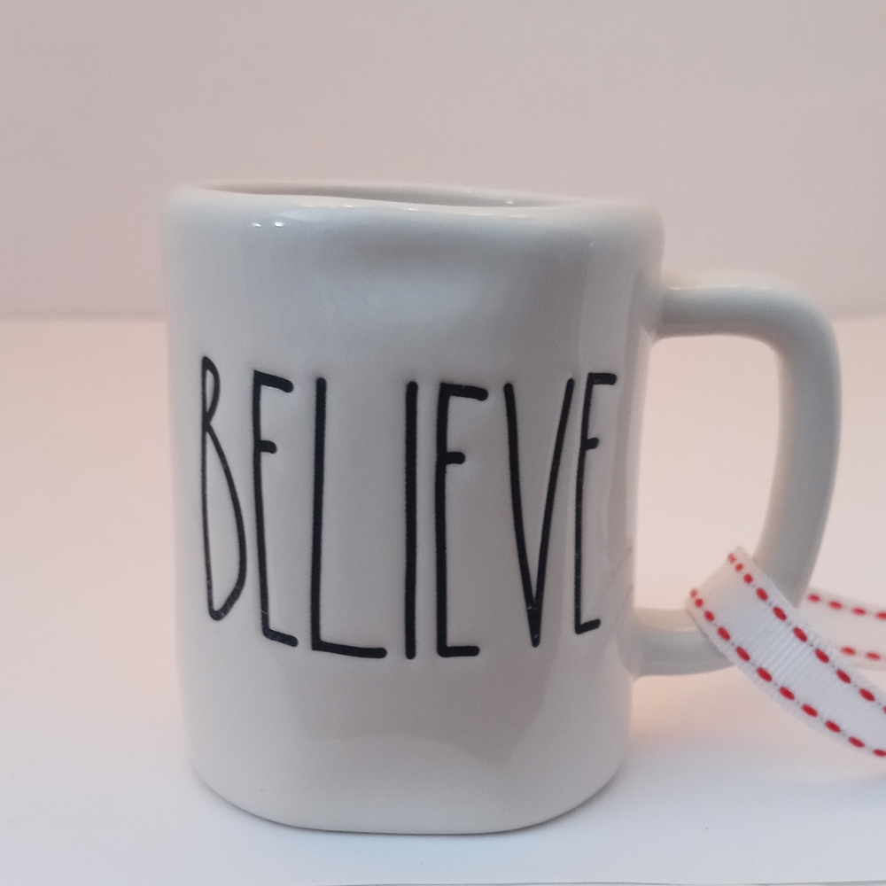 Rae Dunn Magenta Ceramic BELIEVE Coffee Mug Ornament.